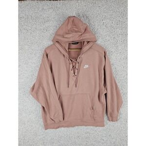 Nike Lace Up Drawstring Hoodie Womens Large Front Warmer Pocket Coral Pink
